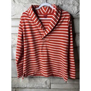 Merona women's size L pullover fleece top orange white stripe collar LS v-neck